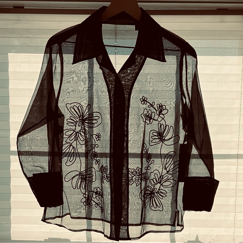 Kate Hill Black Silk Organza Evening Bloue Size 10 Petite